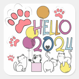 Sticker Carré Bonjour Nouvel An 2024 Avec Jouer Aux Chats