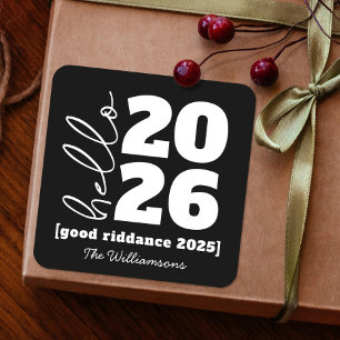 Sticker Carré Bonjour Nouvel An Gras Noir Blanc Personnalisé Nom