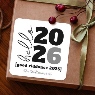 Sticker Carré Bonjour Nouvel An Noir Blanc Gras Personnalisé Nom