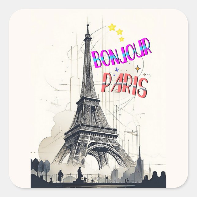 Sticker Carré Bonjour Paris coloré (Devant)