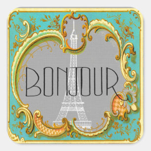 Sticker Carré Bonjour Paris Vintage Tour Eiffel Collage