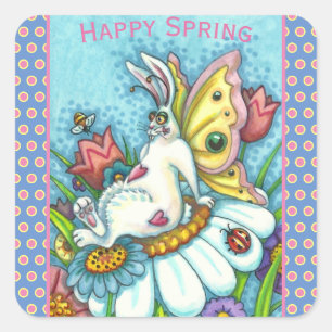 STICKER CARRÉ BONJOUR PRINTEMPS FLUTTERBUN RABBIT, FUNNY BUNNY F
