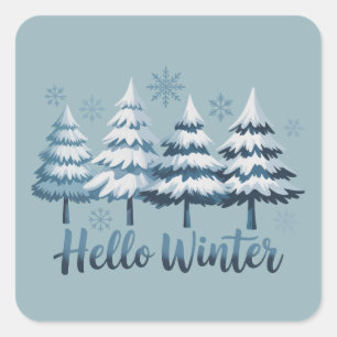 Sticker Carré Bonjour Saison Hivernale Vibes Arbres Flocons de N