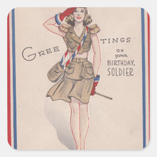 Sticker Carré Bonjour vintage Fille Soldat Anniversaire