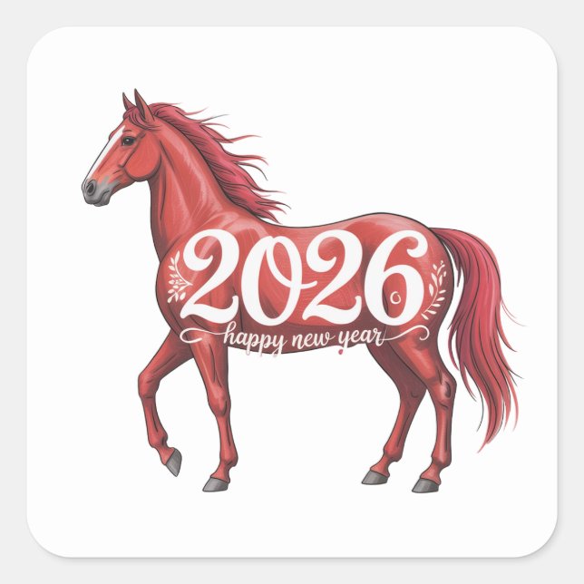 Sticker Carré Bonne année 2026 Cheval Rouge Chinois (Devant)