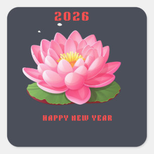 Sticker Carré Bonne année 2026 Illustration de fleur de lotus ro