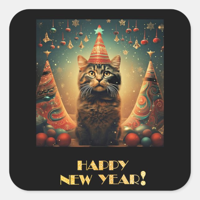 Sticker Carré Bonne année, Cat Design, (Devant)