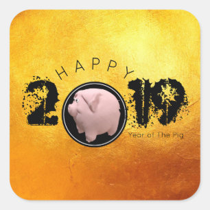 Sticker Carré Bonne année PIg 2019 Original 3D golden carré S