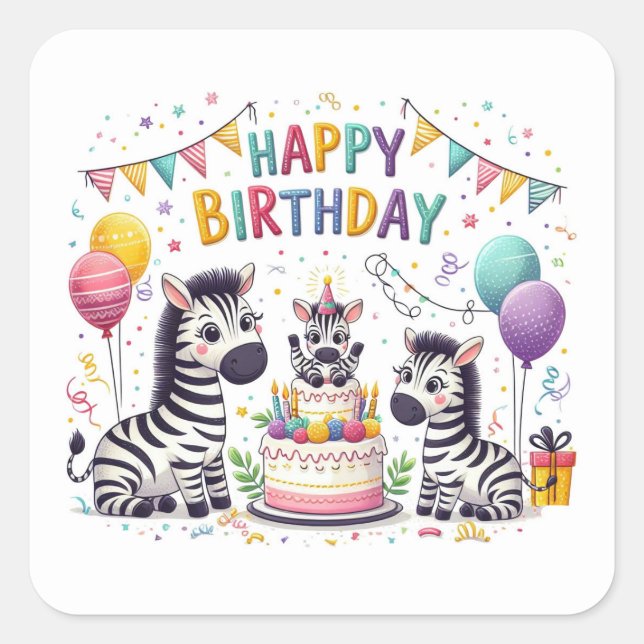 Sticker Carré Bonne fête d'anniversaire Cute Zebras (Devant)