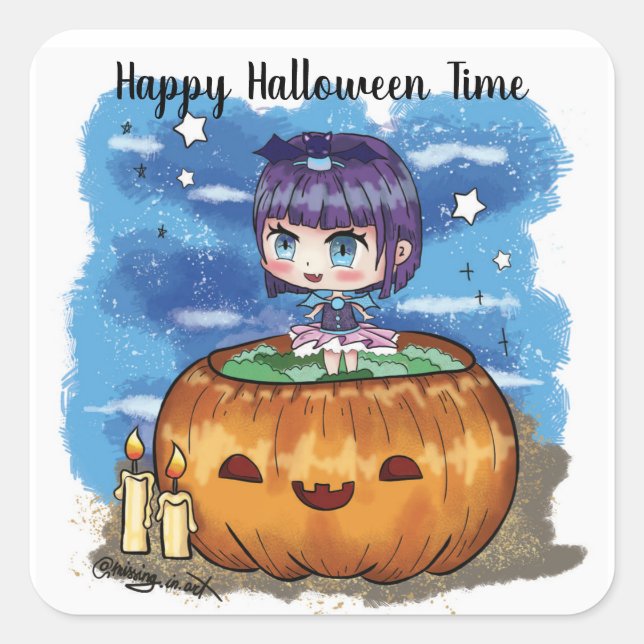 Sticker Carré Bonne heure d'Halloween Chibi Citrouille (Devant)