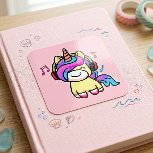 Sticker Carré Bonne licorne de bébé souriante avec casque.