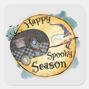 Sticker Carré Bonne saison Éffrayante sorcière Camper Van