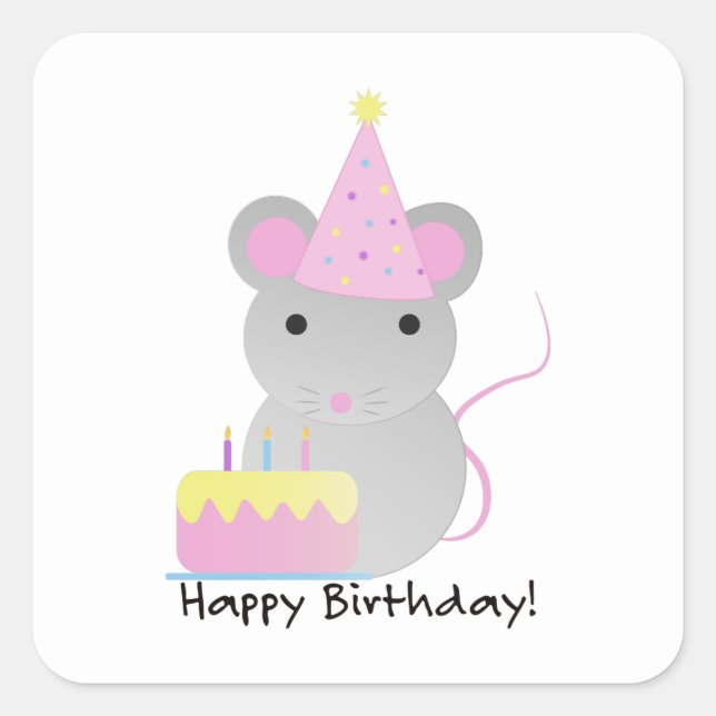 Sticker Carré Bonne Souris de fête d'anniversaire mignonne (Devant)