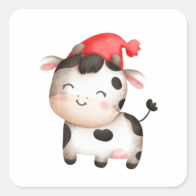 Sticker Carré Bonne vache dans un Casquette rouge mignon (Devant)