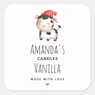 Sticker Carré Bonne vache dans une mignonne bougie rouge Casquet