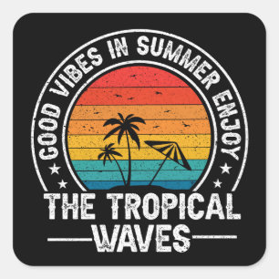 Sticker Carré Bonnes Vibrations Vagues Tropicales d'Été