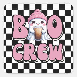 Sticker Carré Boo Crew Fantôme rose avec café glacé Personnalisé