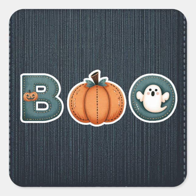 Sticker Carré BOO Denim Rustic Country Citrouille Ghost Hallowee (Devant)