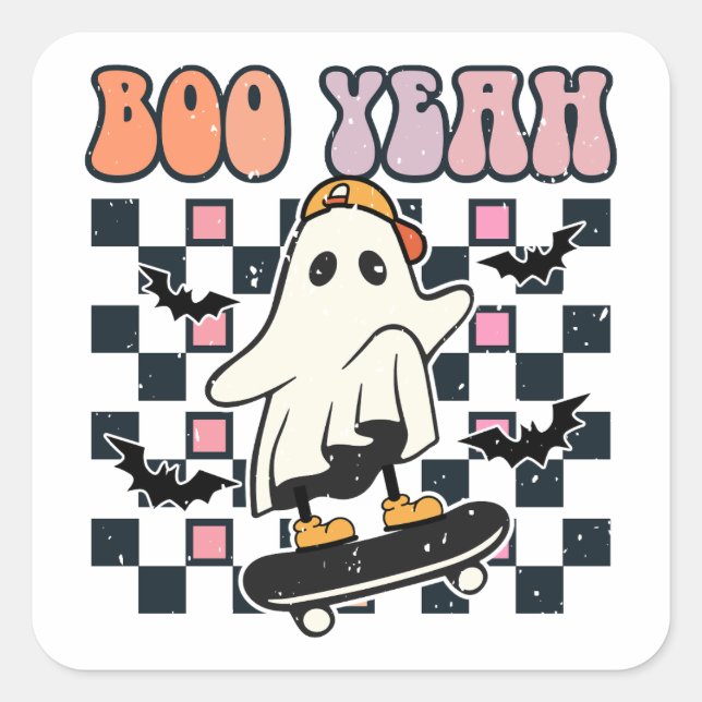 Sticker Carré Boo Ouais - Retro Cute Ghost Skateboard (Devant)