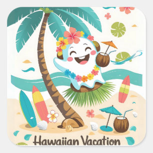 Sticker Carré Boo tropical - Kawaii Hawaiian Ghost Vacances