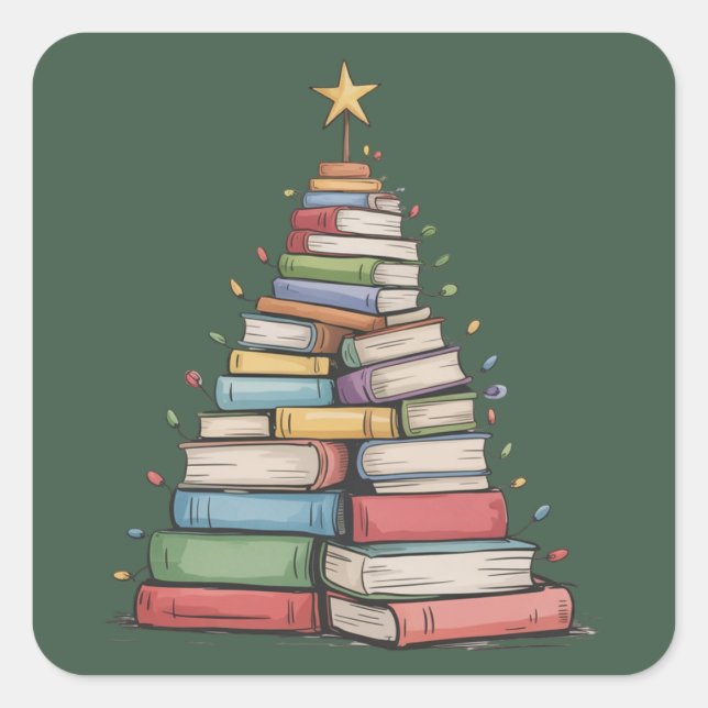 Sticker Carré Book Christmas Tree Retro Bookworm Library  (Devant)
