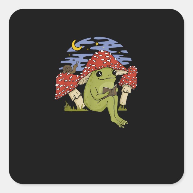 Sticker Carré Book Fan Frog With Mushroom Hat Cottagecore Goblin (Devant)