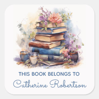 Sticker Carré Book Stack This Book belongs to Name Bookplate