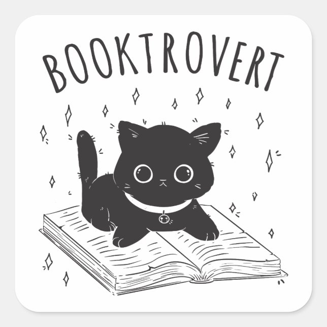 Sticker Carré Booktrovert chat avec livre et étoiles (Devant)