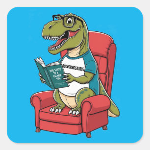 Sticker Carré Bookwormosaurs rex assis en chaise lecture livre
