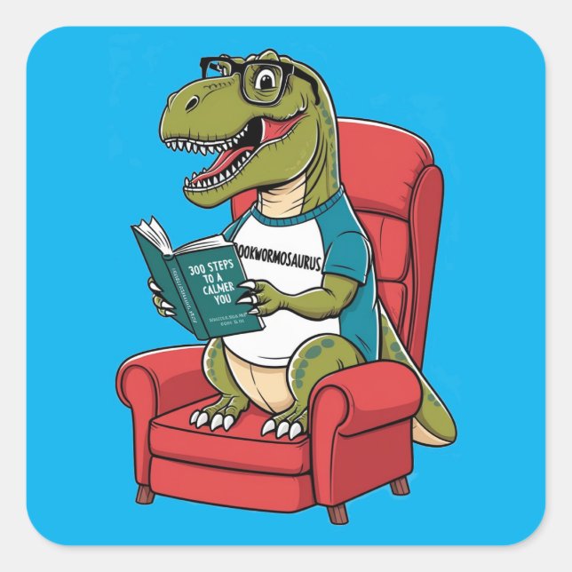 Sticker Carré Bookwormosaurs rex assis en chaise lecture livre (Devant)