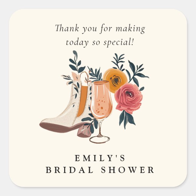Sticker Carré Boots & Bubbly Réception de Mariage Western (Devant)