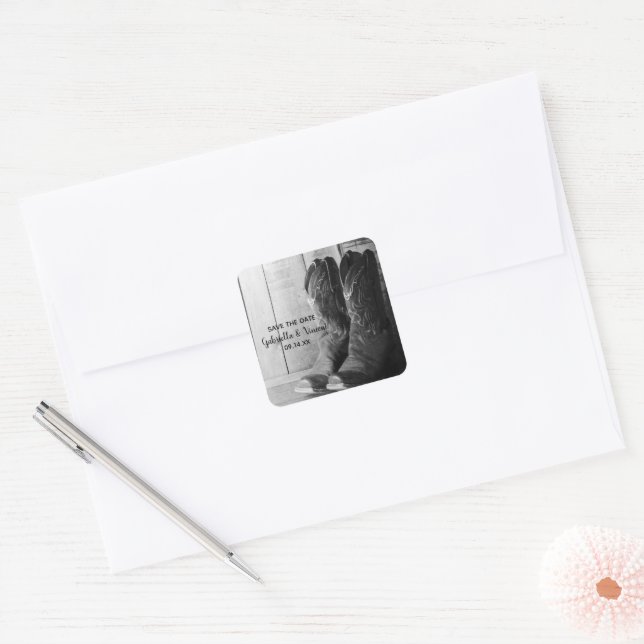 Sticker Carré Boots rustiques Cowboy Mariage Occidental Enregist (Enveloppe)