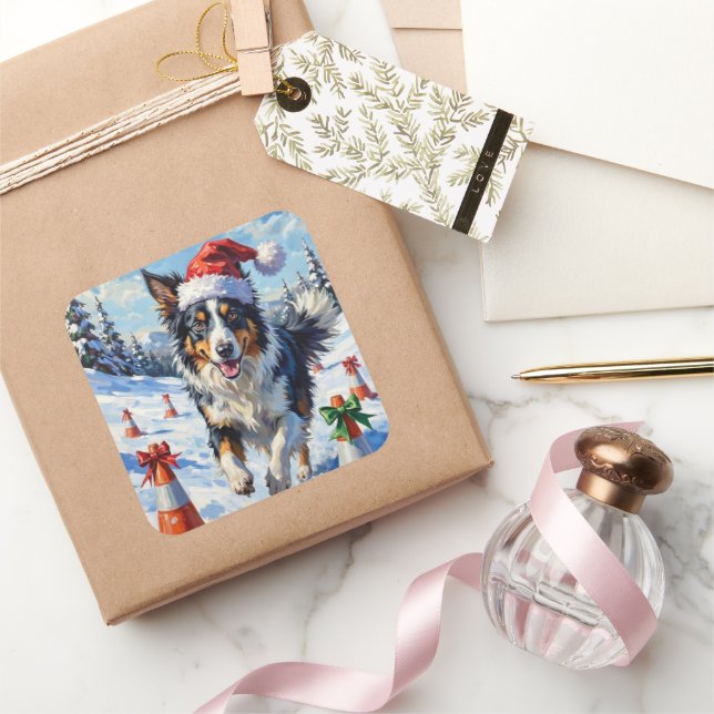 Sticker Carré Border Collie Dog Christmas Snow Agility Fun (Cadeaux)