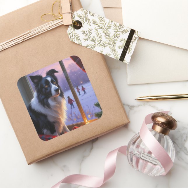 Sticker Carré Border Collie With Christmas Lights Holiday (Cadeaux)
