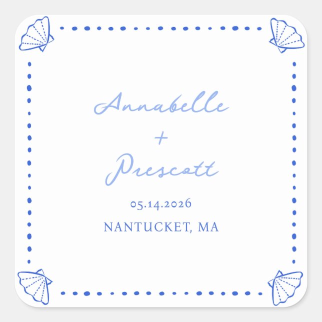 Sticker Carré Bordure Coastal Chic Shell Mariage personnalisé (Devant)