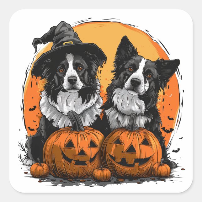 Sticker Carré Bordure Collie Chiens Halloween Jack O Lanterns (Devant)