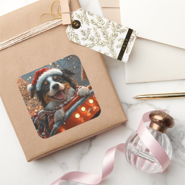 Sticker Carré Bordure Collie Dog Roller Dessous de verre Noël (Cadeaux)