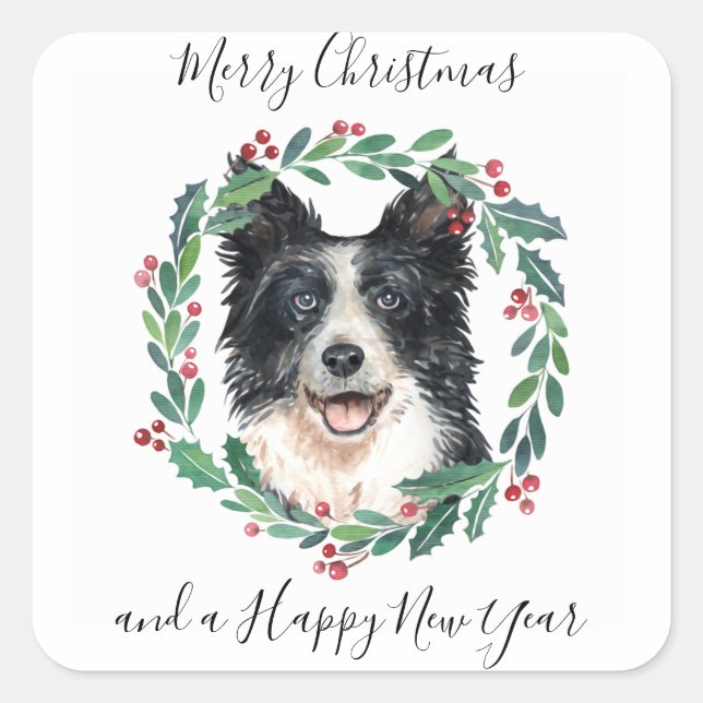 Sticker Carré Bordure Collie Elegant Chien Joyeux Noël (Devant)