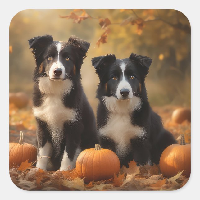 Sticker Carré Bordure Collie Puppy Automne Citrouille de plaisir (Devant)
