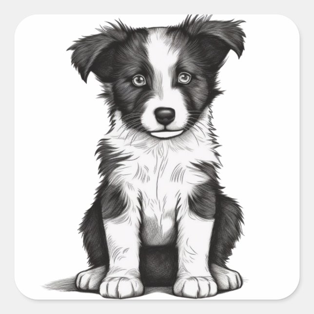 Sticker Carré Bordure Collie Sheepdog Australian Shephard Puppy (Devant)