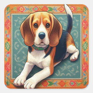 Sticker Carré Bordure colorée de chien Beagle 3D réaliste élégan