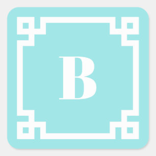 Sticker Carré Bordure de Clé Grecque Carrée Bleu Aqua Monogrammé