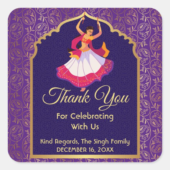 Sticker Carré Bordure de motif doré arabe asiatique violet Mehnd (Devant)