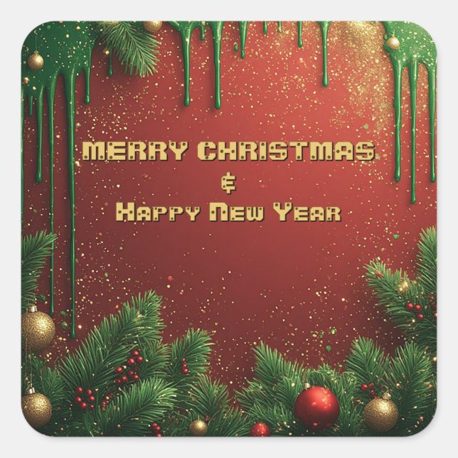 Sticker Carré Bordure de Noël Rustique Rouge Vert (Devant)