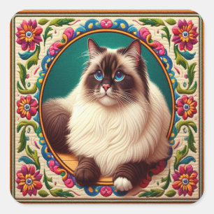 Sticker Carré Bordure décorative Birman Chat Fleurs colorées