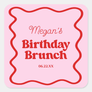 Sticker Carré Bordure rouge rose Vague Anniversaire Brunch Party