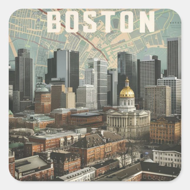 Sticker Carré Boston, Boston Massachusetts City Skyline avec car (Devant)