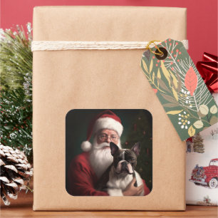 Sticker Carré Boston Terrier avec Noël Festif du Père Noël