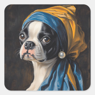 Sticker Carré Boston Terrier Avec Perle Élevant Parodie