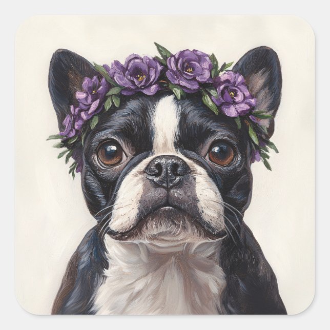 Sticker Carré Boston Terrier dans une couronne de fleurs violett (Devant)